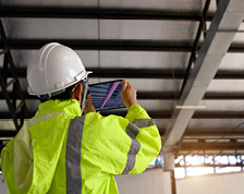 A man in white hard hat uses a tablet to take infrared imaging of ceiling ducts inside a warehouse.